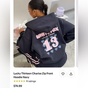 White Fox Boutique Navy Hoodie with Pink Accents Lucky Thirteen